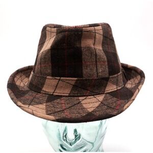 Quiksilver Plaid Wool Fedora Hat Size S/M Brown Tan Short Brim Trilby
